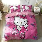 ZoikoM Hello Cat 3-Pcs Bed Duvet Cover Set with 1 Duvet Cover + 2 Pillowcases, Microfiber Bedding Sets for Girls Kids (2,Queen 90x90in + 20x30in)