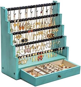 Pinzoveco Earring Organizer, 5 Layer Earring Holder Organizer with Necklace Holder Pole, Rustic Wood Jewelry Organizer Stand Display for Stud Earring Bracelet Necklace Ring, 175 Earring Holes