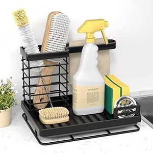 SUSSWIFF Sink Caddy Kitchen Organiser Soap Dispenser Sponge Holder Storage Organisation Dish Dishcloth Drainer Brush Holder Drain Drying Rack with Draining Pan for Countertop,Stainless Steel,Black