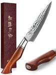 Kitchen Utility Knife- 5 Inch Universal Knives- Small Kitchen Knife- Petty Knife- Paring Knife- Premium Damascus Powder Steel -Natural Rosewood Handle-HEZHEN Master Hammered Finish Series