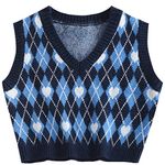 YODNBUK Women Sleeveless Argyle Jumpers Grid V Neck Knitted Vest Top Plaid Short Knit Tank Top Sweater Navy Blue