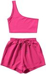 Verdusa Women's One Shoulder Tank Top and Lounge Shorts 2 Piece Tracksuit Set Hot Pink XS
