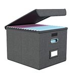 Finew Upgraded Portable File Organiser Box with Lid, Foldable Linen Hanging Filing Storage Boxes with Plastic Slide, Decorative Home/Office Filing System for File and Folders Storage (Dark Grey)