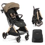 Gromast Gravity Folding Baby Stroller V2.0 - Portable Travel Toddler Stroller w/Adjustable Backrest, Canopy & Cup Holder, Lightweight and UV Protected, One-Hand Automatic Folding - Golden Khaki