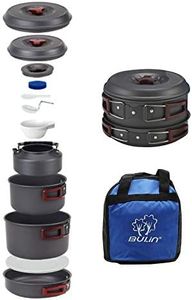 Bulin Camping Cookware Mess kit, Backpack Portable Campfire Cooking Pots Pans Kettle Set, Durable Lightweight Aluminum Cook Gear for Open Fire Hiking, Outdoor, Picnic (BPA Free Bowls, Plates)