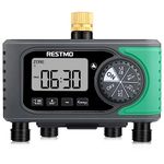 RESTMO 4-Outlet Sprinkler Timer with Brass Inlet, 4 Zone Programmable Water Timer for Garden Hose, Automatic Digital Control | Manual ON/Off | Rain Delay, for Outdoor Faucet, Drip Irrigation and Lawn