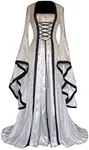 Womens Sabrina Neck Mardi Gras Dresses Patchwork Regency Winter Floor Length Solid Color Costumes Cinched Waist Flare Sleeve Fit and Flared A-line Long Sleeve Gown Vestidos