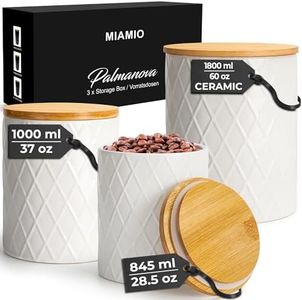 MIAMIO – Set of 3 Canister Sets for Kitchen Counter, Ceramic Kitchen Canister Set with Airtight Seal Wooden Lid - Perfect for Coffee, Tea, Sugar, Flour, Tea, Salt and More