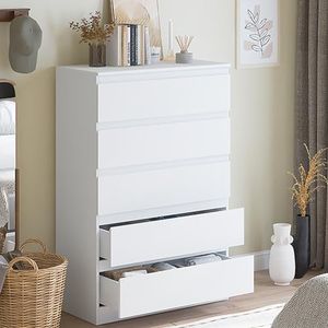 Merryluk 5 Drawer Chest- Chest of Drawers 5 Drawer Dressers Storage Cabinets Wooden Dresser White Mobile Cabinet Room Organizer Small Drawers Storage Cabinet Organization Furniture