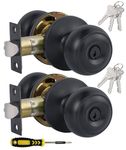 (2 Pack) Entry Door Knobs with Lock and Keyed Alike, Interior/Exterior Flat Ball Door Locks for Bedroom/Bathroom/Front/Offic Doors, Matte Black Finish