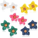 Mintolex Summer Beach Flower Earrings for Women Boho Matte Stud Earrings Layered Flower Petals Earrings with Gold Flower Bud Pink Blue White Yellow Green Pack of 5 Pairs, Acrylic, No Gemstone