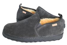 PEDOQU Men's Slipper Leather Upper Sheepskin Insole Lining Memory Foam Rubber Soles Indoor Outdoor House Slipper For Men, Charcoal Grey, 13