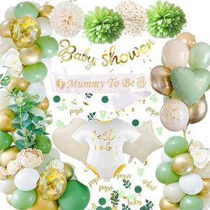 Baby Shower Decoracion Niño Niña, Verde y Dorado Globo Baby Shower Neutral, Boy or Girl Decoracion, Baby Shower Banner, Mummy To Be Sash, Baby Shower Pancartas para Gender Reveal Decoration