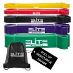 Elite Athletics Set of 5 Pull Up Assist Bands – Pull Up Resistance Bands - Exercise Bands, Long Workout Loop Bands for Body Stretching, Powerlifting, Fitness Training and Drawstring Carry Bag