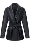 RISISSIDA Women Faux Leather Blazer Jacket,Vegan Pleather Coat with Belt Black 2226 M