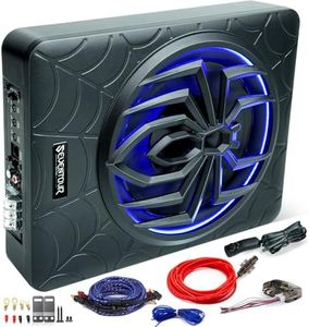 Seventour 10" 1000W Slim Under Seat Powered Car Subwoofer, Car/Truck Audio Sub Built in Amplifier amp Combo, with Blue LED Light (Subwoofer + Mounting Wire Kit)