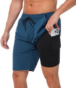 difficort Mens Swim Trunks Quick Dry Bathing Suit 9 inch Inseam Board Shorts with Compression Liner and Zipper Pocket,Dark Blue,Small