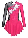 inlzdz Figure Ice Skating Dress for Kids Girls Long Sleeve Rhinestones Mesh Splice Gym Skirted Leotard Dance Performance Costume Hot Pink 7-8 Years