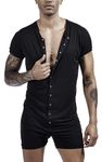 Men’s One Piece Pajama Shorts Thermal Union Suit Button Down Jumpsuit Adult Stretchy Cotton Romper Short Bodysuit Underwear Black XL