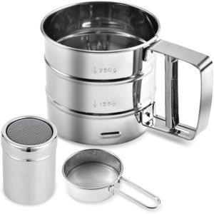 Emime 3 in1 Stainless Steel Flour Sifter for Baking 3 Cup Sifter for baking, Flour Sifter for Baking Cakes, Pastries, Pies, Cupcakes and Desserts, Powdered Sugar Shaker Duster, With Hand Press Design