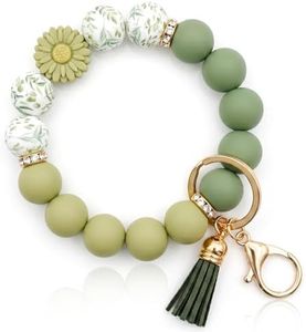 Elystara Sage Green Daisy Silicone Beaded Keychain Wristlet for Women, Floral Key Ring Bracelet for Car Keys, Cute Wristlet Keychain with Tassel, Boho Flower Keychain