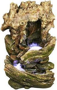 32" Cottage Log Garden Fountain: Tiered Outdoor Water Feature for Gardens & Patios. Weatherproof Resin, Hand-Crafted, w/LED Lights.