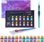 FURNIZONE Dip Pen Ink Gift Set 16 Pack, 2 Calligraphy Crystal Dip Pen with 12 Color Drawing Ink for Art/Painting/Writing, Glass Dip Pen ink Set with Holder and Clean Cup for Drawing Beginners Gift