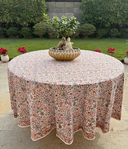 Ridhi Round Tablecloth Hand Block Print 100% Cotton Reusable Sassy Salmon and Emerald Green 132 Inch Table Cover Decorative Everyday Use for Dining, Home, Farmhouse Gift for Spring, Mother's Day