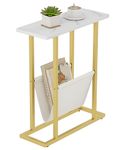 Yusong Narrow End Table, Small Side Couch Table with Magazine Holder for Small Space, 17.7" W Slim Skinny Sofa Beside Table Nightstand Table for Living Room, Gold White, Complete Iron Pipes