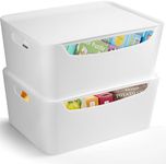 White Small Storage Bins with Lids 2 Pack for Organization for Pantry Bathroom Shelves Closet Cabinets, Stackable Plastic Storage Basket with Lid, Lidded Organizing Bin Containers for Shelf and Crafts