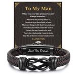 FLHEART Men's Bracelets Gifts for Men - Brown Braided Leather Infinity Knot Bracelets Engraved Letter Love You Forever for Husband, Mens Bracelets Gift for Birthday Christmas Anniversary