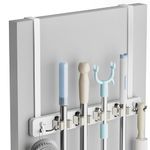 Lorbro Broom Holder Door Mount, Over the Door Broom and Mop Holder with 2 Over Door Hooks, Wood Broom Hanger, Tool Rack Organizer for Laundry, Garage, Closet, Kitchen Decor, 4 Slots & 4 Hooks Rustic