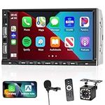 Podofo Double Din Car Stereo with Wireless Apple Carplay Android Auto, 7 inch Touchscreen Car Radio Bluetooth 5.1 Multimedia Player with Backup Camera, Support Mirror Link/TF Card/Two USB/AUX