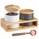 Coffee Containers with Shelf & Scoop - 2 x 17.9OZ(530 ML) Ceramic Kitchen Canister Set Tea Storage Jar with Airtight Bamboo Lid for Biscuit/Nuts/Snack/Sugar (Black & White)