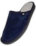 FOOTHUGS Men's Slippers Memory Foam Plantar Fasciitis Orthotic Leather Mens Mule Slippers | Arch Support Slippers For Men | Wide Fit (10UK/44EU Wide, Navy Blue)