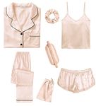 SWOMOG Womens 7pcs Silk Satin Pyjamas Sets Short Sleeve Button Down Shirt Camisole Shorts Pjs Set with Eye Mask Champagne