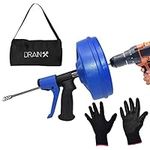 DrainX Power Pro 35 Foot Drum Auger with SPINFEED and Drill Attachment | Use Manually or Powered - No Need to Touch The Cable | Bonus Work Gloves and Storage Bag Included