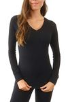 Pure Look Women's Long Sleeve Waffle Knit Stretch Cotton Thermal Underwear Shirt - Black - L