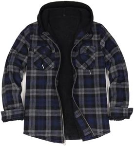 ZENTHACE Flannel Jackets for Men with Hood,Plaid Hoodie Sherpa Lined Zip Up Hooded Shirt Jacket Work Shacket Men Blue Grey S