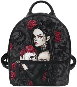 Freewander Mini Backpack Purse for Women Girls PU Leather Backpack for College School Casual Shoulder Bag for Work Daily Use Rucksack, Witch Skull Rose Print