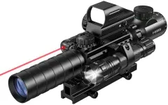MidTen 3-9x32 5-in-1 Scope Combo with Dual Illuminated Rangefinder Reticle Scope, Laser Sight, Reflex Sight, Flashlight with 20mm Mount, Red