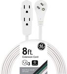 GE Indoor Office Extension Cord, Extra Long 8ft Power Cable, 3 Grounded Outlets, 3 Prong, Low-Profile Right Angle Flat Plug, 16 Gauge, UL Listed, White, 50251