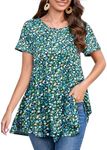 splensive Tunic Tops for Women Plus Size Short Sleeve Crew Neck Swing Flare Loose T-Shirt Blouses to Wear with Leggings, Tunic Short Sleeve Green Small Floral, Large