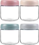 KITOME Glass jars with Airtight Lids, Overnight Oats Containers with Lids, Wide mouth Mason Salad jars, Glass Food Storage Leak Proof Containers for Snacks Yogurt Spices (Set of 4, Size 10oz)