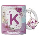 Jhingalala Beauty Queen and Initial Letter Alphabet K Printed Ceramic Coffee Mug with Keyring- 11 Oz Mug Gift for Girls (Letter K)