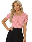 Allegra K Gingham Plaid Blouse for Woman Halloween Costume Peasant Round Neck Ruffles Puff Sleeve Top Red S