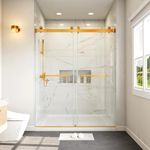 FEKEWIO Shower Doors Double Sliding 66-72" W x 76" H Width Adjustable Frameless 3/8"(10mm) Clear Tempered SGCC Shatterproof Glass Easy Clean Stainless Steel Hardware, DS01- Brushed Gold
