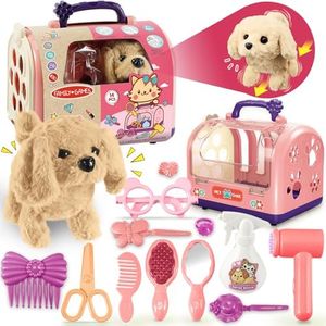 TEUVO Walking Dog Toys for Kids Girls, 14Pcs Robot Dog Toys for Girls 2 3 4 5 6 7 Year Old Interactive Electric Realistic Plush Puppy Toy Dog Bark/Wag Tail Little Live Pets Cage Present Gifts for Girl
