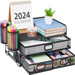 Marbrasse 3 Tier Mesh Desk Organizer with Drawer, Multi-Functional Desk Organizers and Accessories, Paper Letter Organizer with 2 Pen Holder for Home Office Supplies - Black