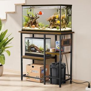 20-29-37 Gallon Fish Tank Stand with Power Outlet, Metal Aquarium Stand with Height-Adjustable Stoarge Shelves, 6-Leg Reptile Tank Stand, 400lbs Capacity